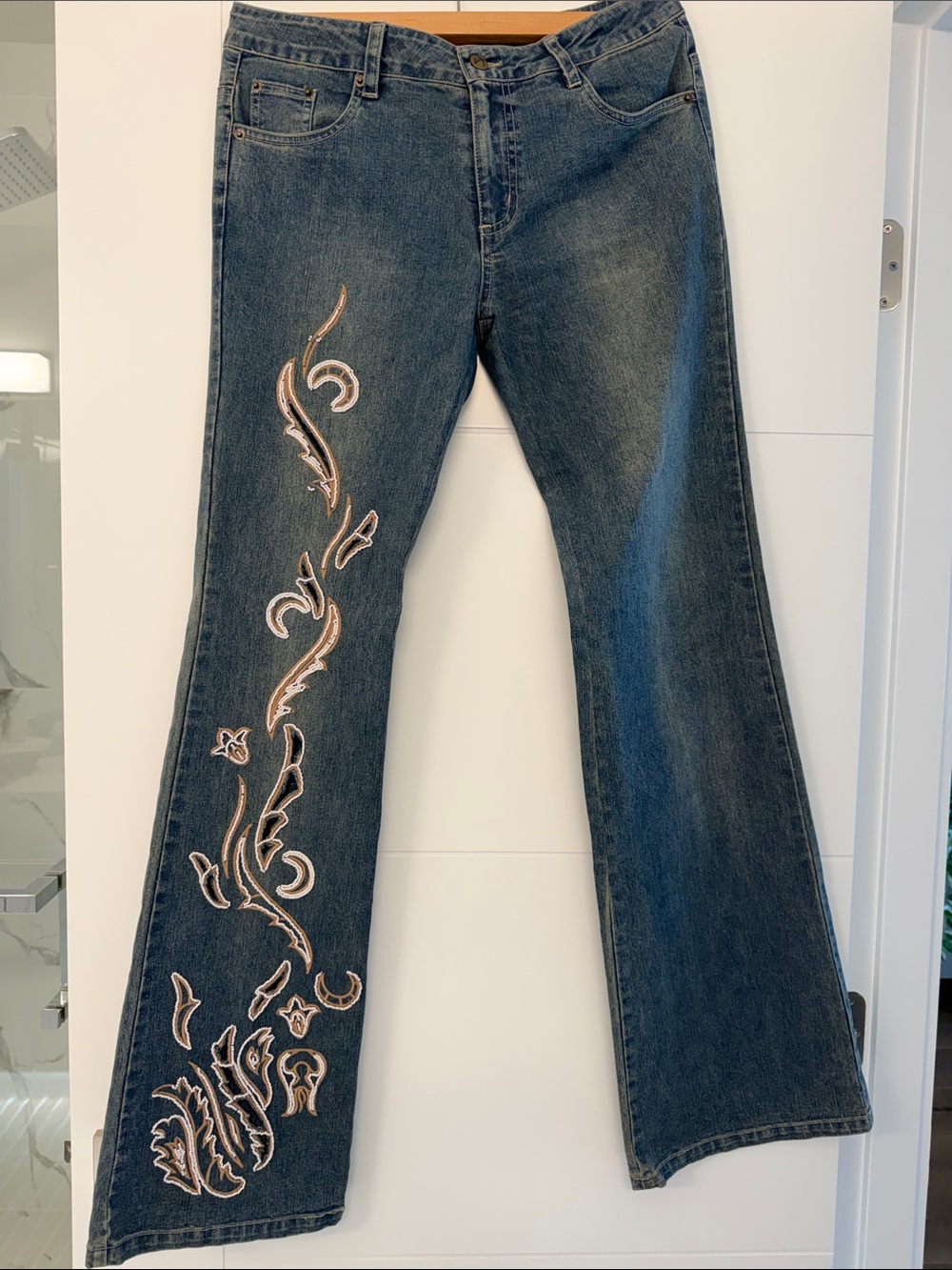 Dark Blue Flare Jeans with Embroidered Side Detail